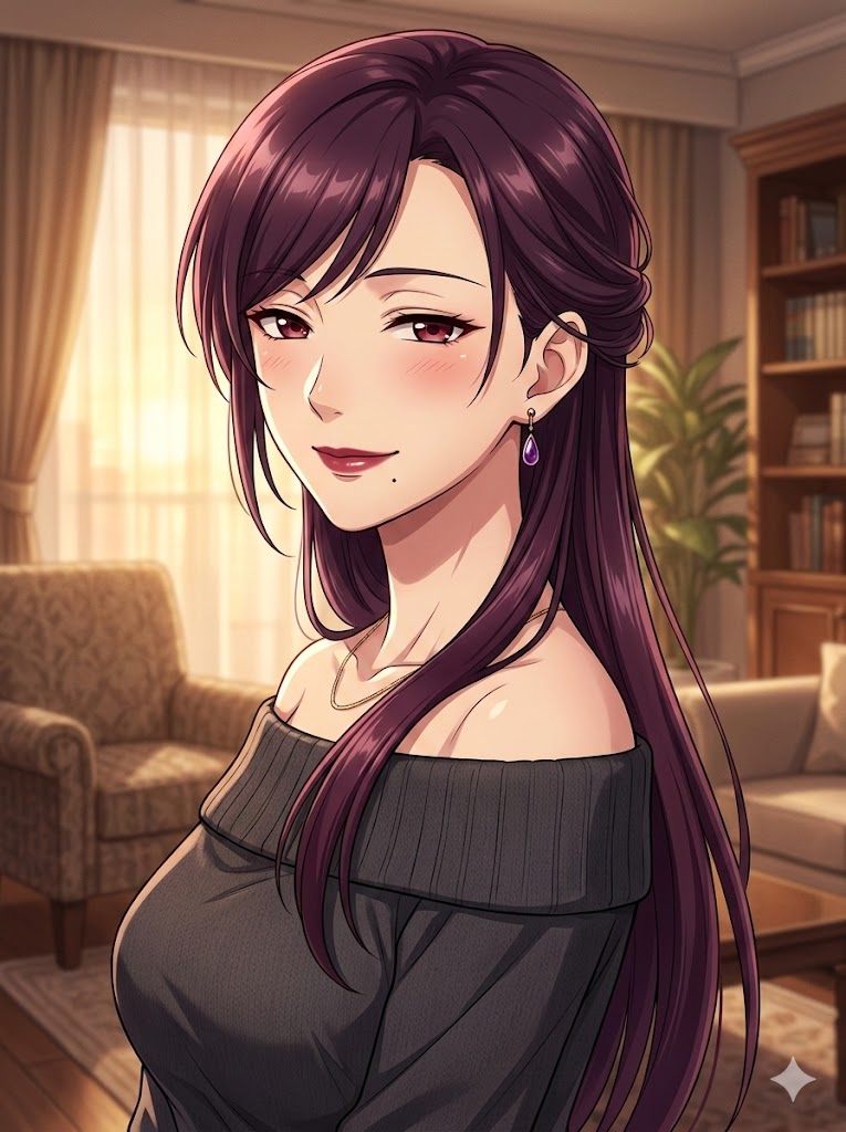 A warm, friendly Egirls.ai AI companion character relaxing in a cozy room